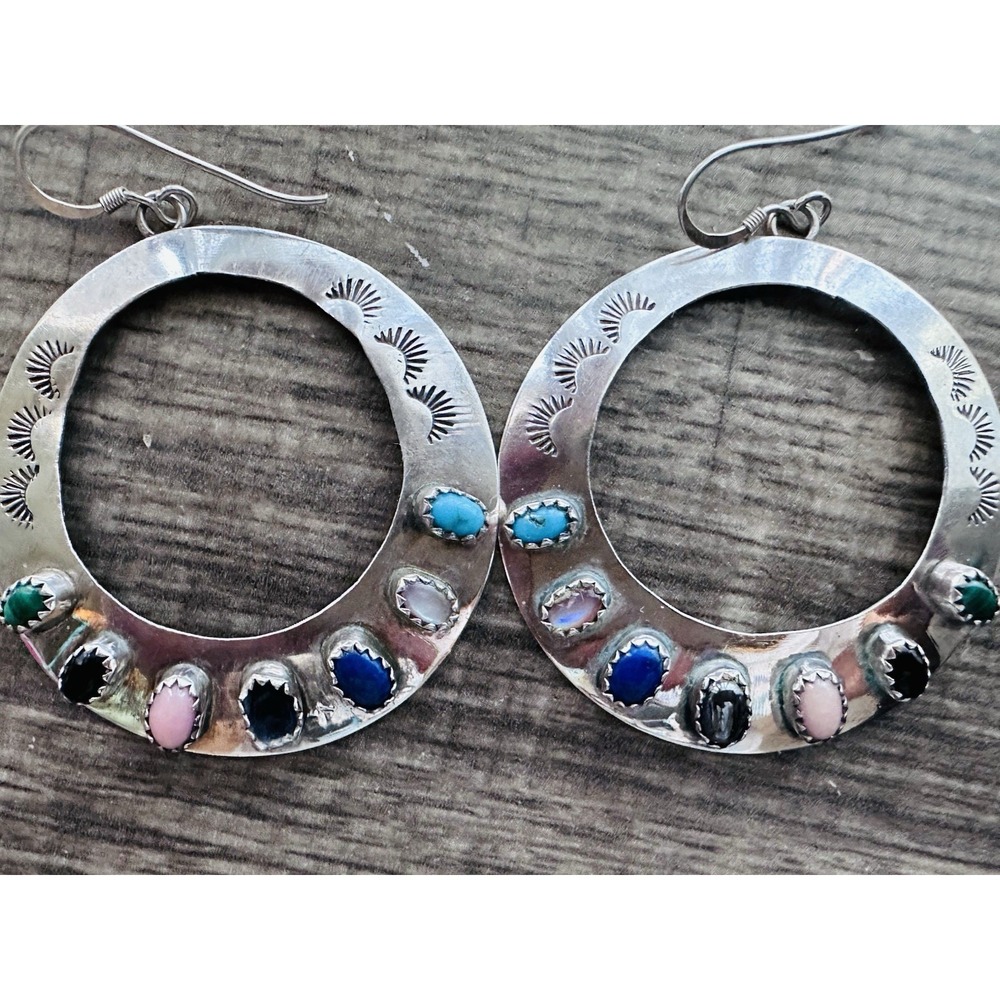 Navajo Sterling Silver Multi Stone Large Hoop Earrings Signed AJ
